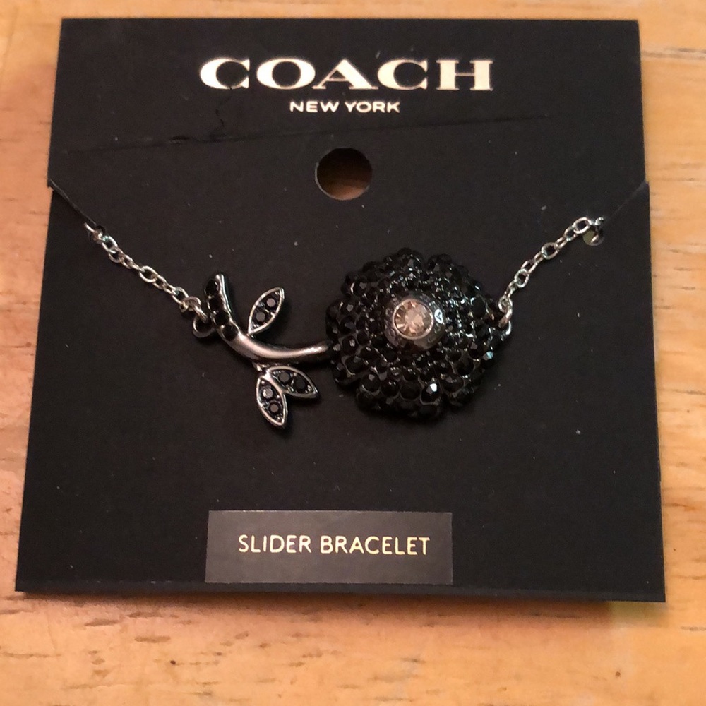 Coach Silver Tone Sparkling Black Daisy Slider Bracelet Crystal Accents NWT - Picture 5 of 11